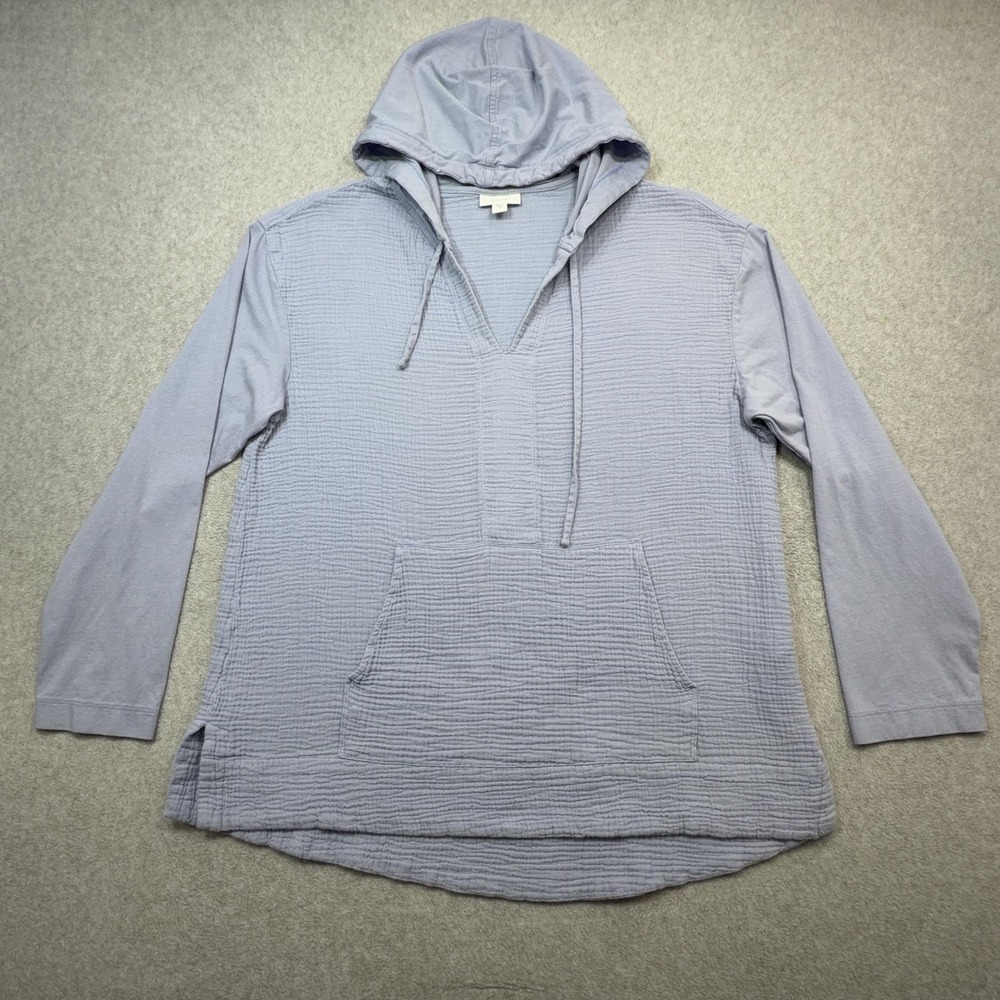 Pure Jill Gauze Hoodie Shirt Womens Medium Blue Mixed Media Long Sleeve Beach